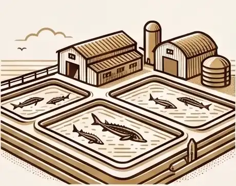 Illustration of a sustainable sturgeon aquaculture farm for premium caviar.