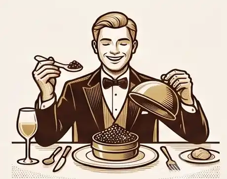 Illustration of an elegant customer enjoying premium black caviar at a luxury fine dining table.